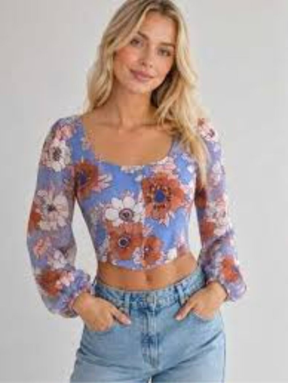 Wilfred Aritzia Lavender Floral Long Balloon Sleeve Crop Top Large